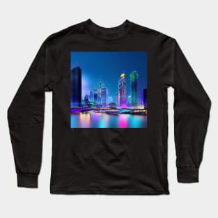 Ai Generated Art Scenery - Futuristic City Behind Bridge With Beatiful Lighting Long Sleeve T-Shirt